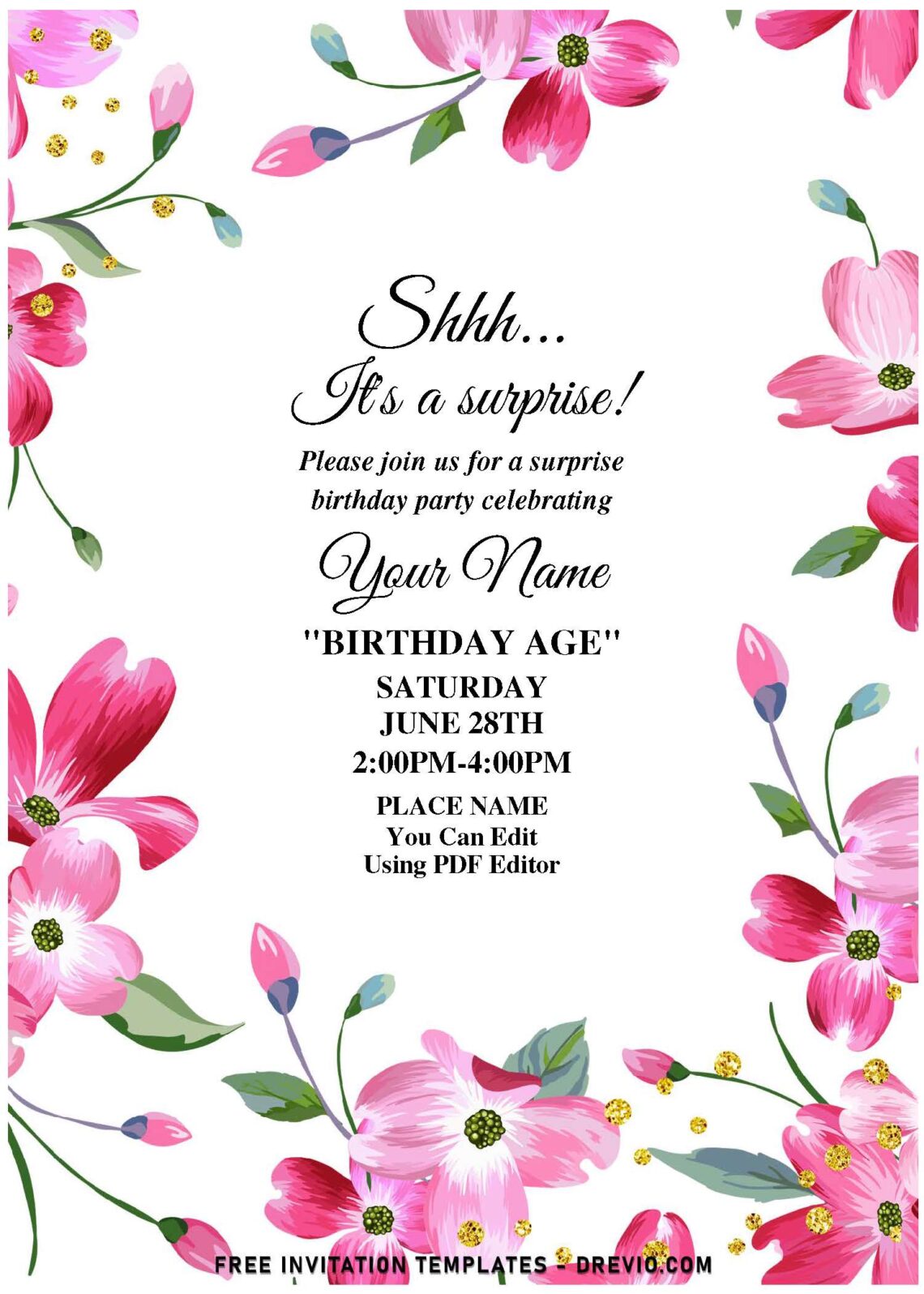 (Free Editable PDF) Whimsical Spring In Pink Dogwood Birthday Invitation Templates with pristine white background