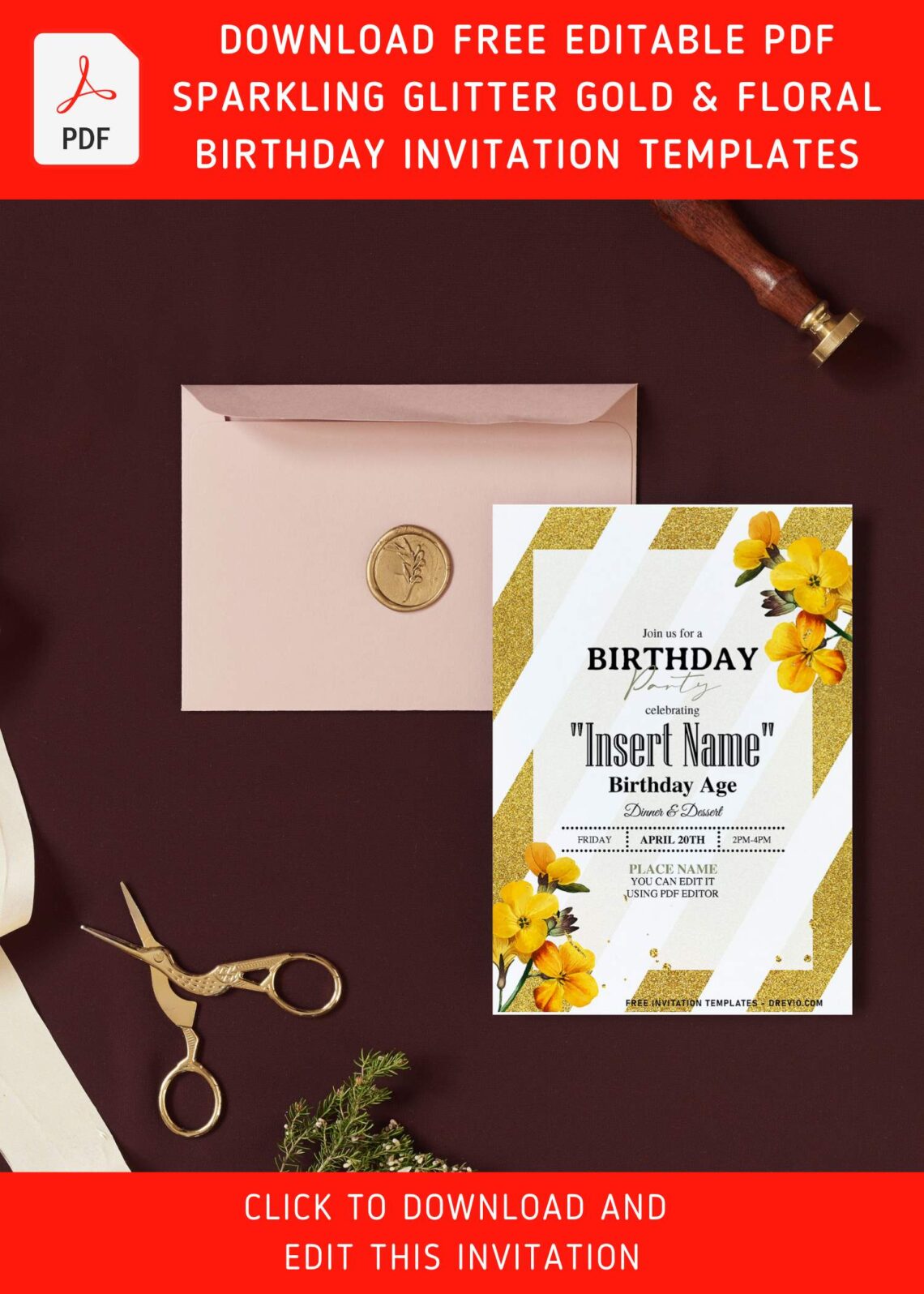 (Free Editable PDF) Shimmering Gold Glitter And Floral Invitation Templates with editable text