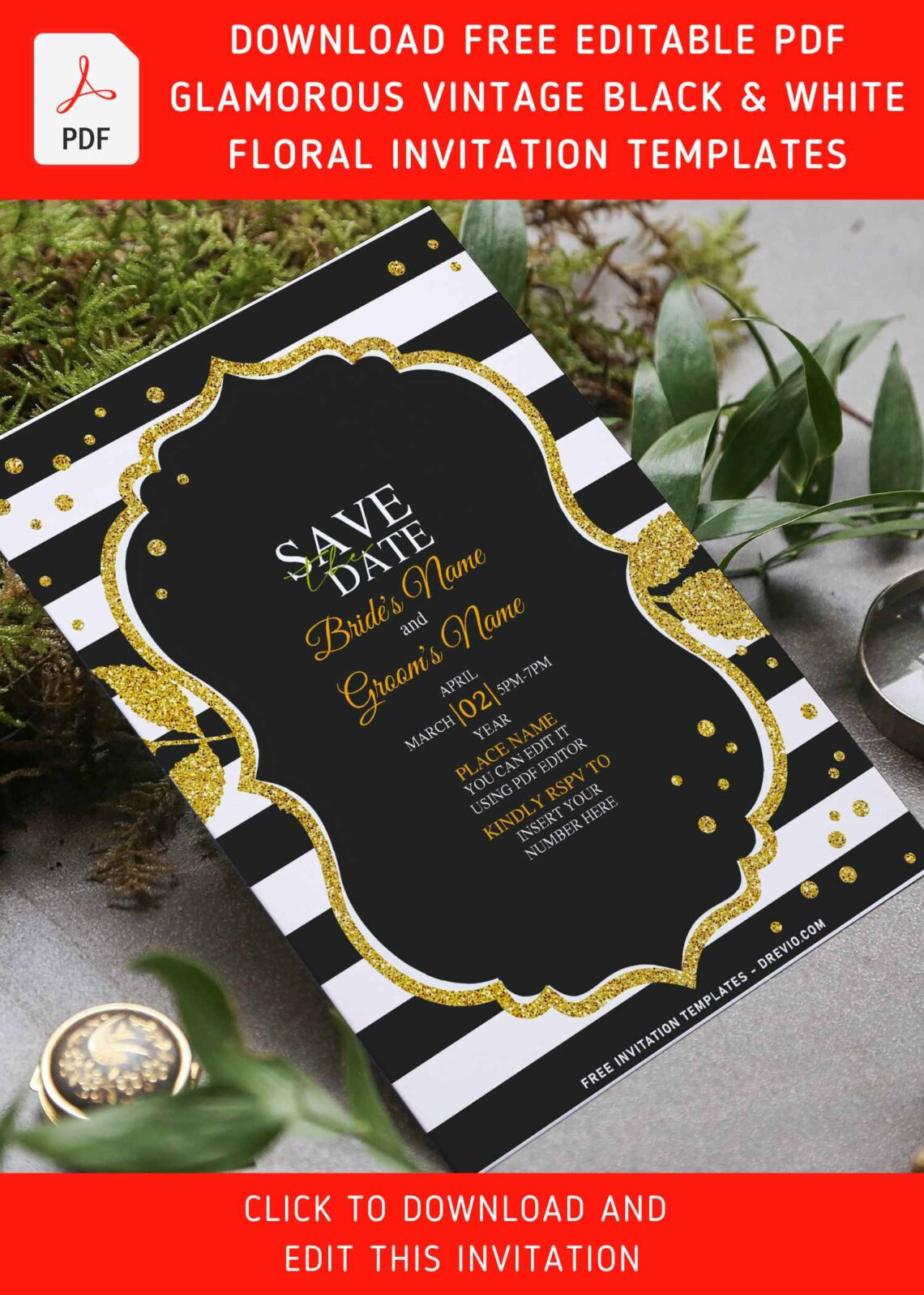 (Free Editable PDF) Vintage Sparkling Black And White Floral Wedding Invitation Templates with gleaming gold glitters