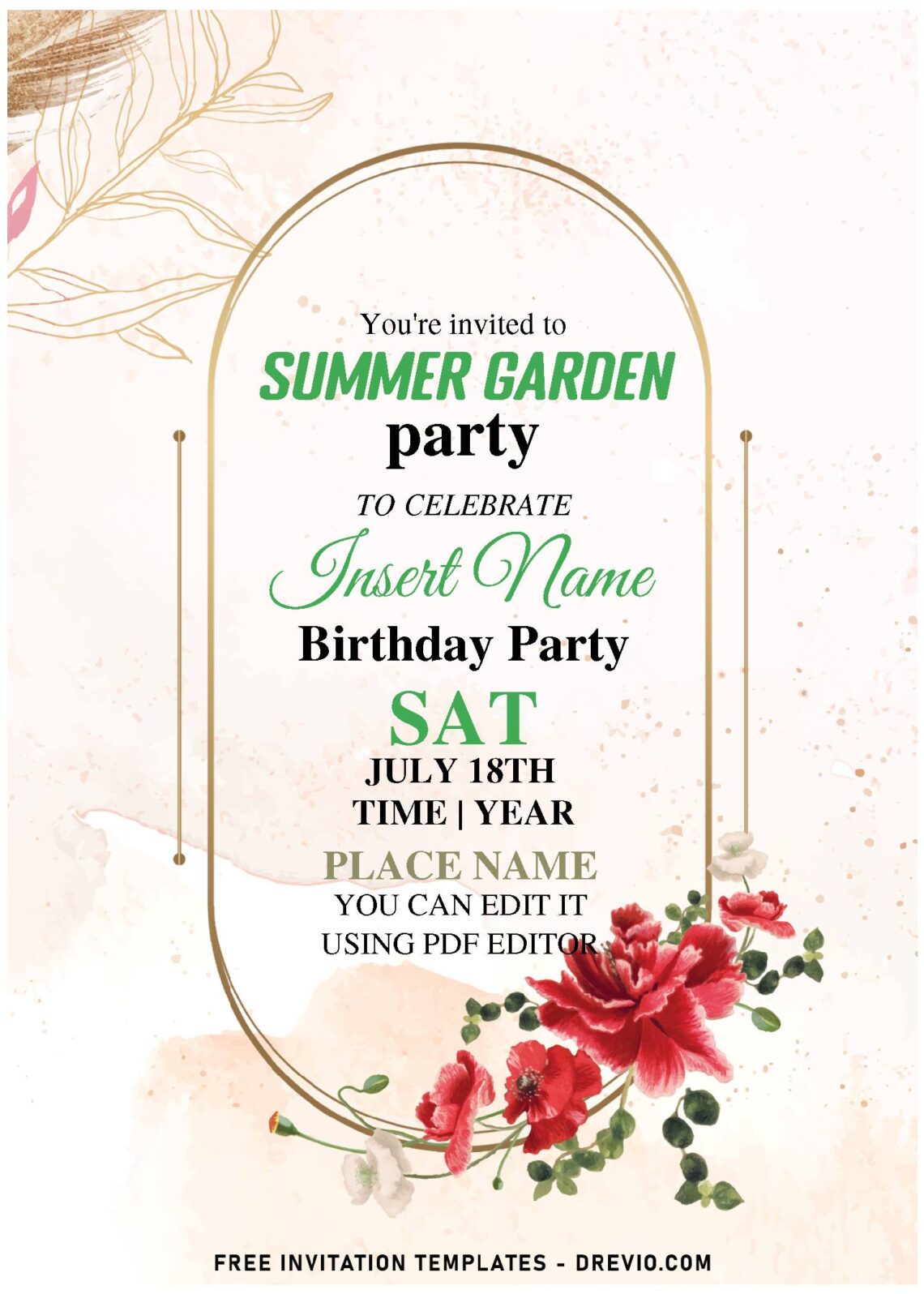 (Free Editable PDF) Stylish Gold Spring Floral Fiesta Birthday Invitation Templates with colorful and elegant script