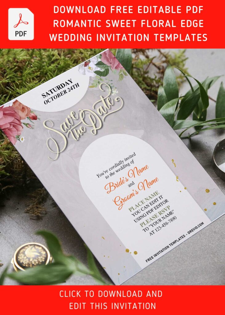 (Free Editable PDF) Romantic Sweet Blush Floral Edge Wedding Invitation Templates with enchanting white peony