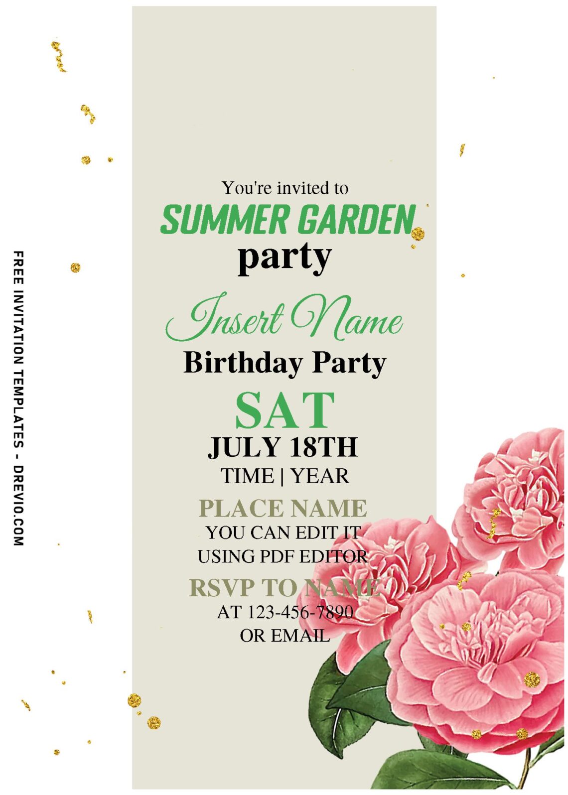 (Free Editable PDF) Fabulous Spring Watercolor Camellia Birthday Invitation Templates with dazzling gold sparkles