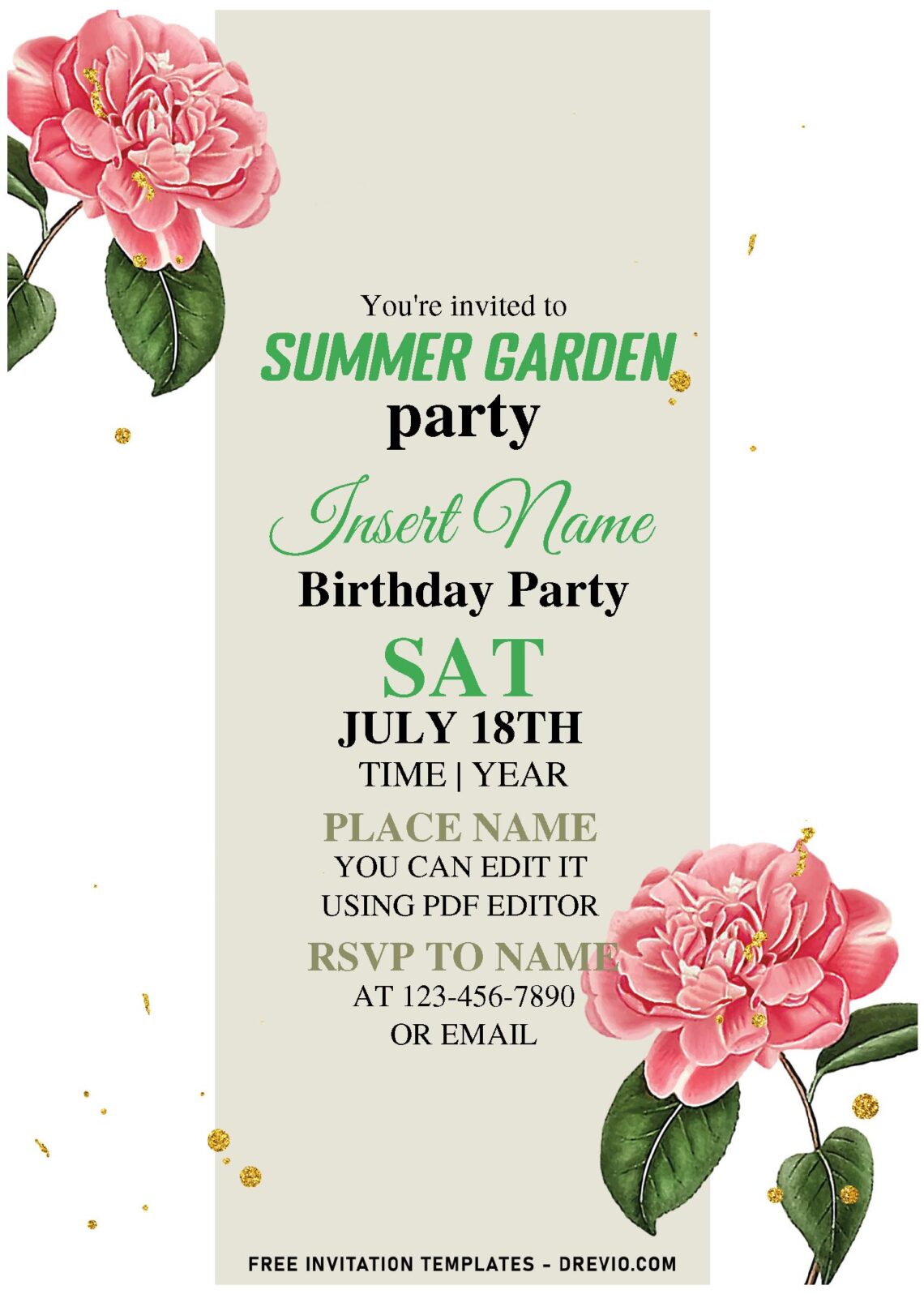 (Free Editable PDF) Fabulous Spring Watercolor Camellia Birthday Invitation Templates with blush pink rectangle box