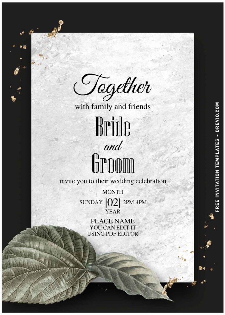 (Free Editable PDF) Dreamy Marble And Gold Greenery Foliage Invitation Templates with stunning gold sparkles