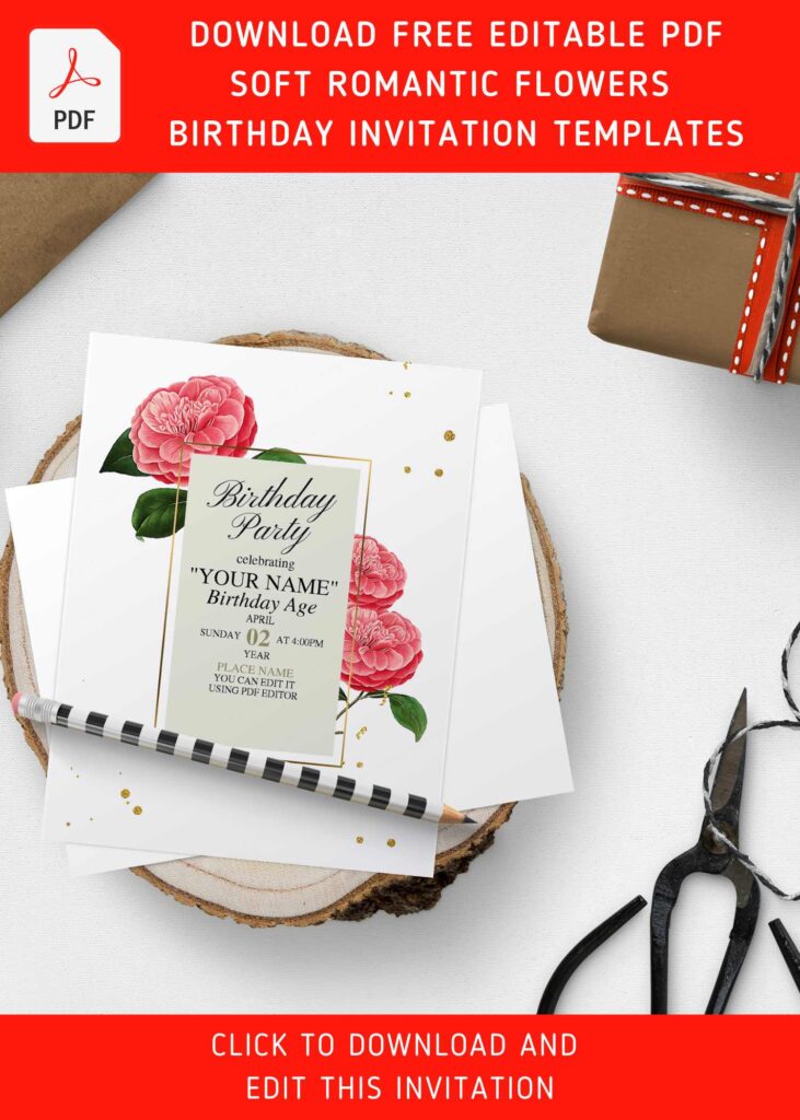 (Free Editable PDF) Sweet Romantic Camellia Minimalist Birthday Invitation Templates with gorgeous pink floral decorations