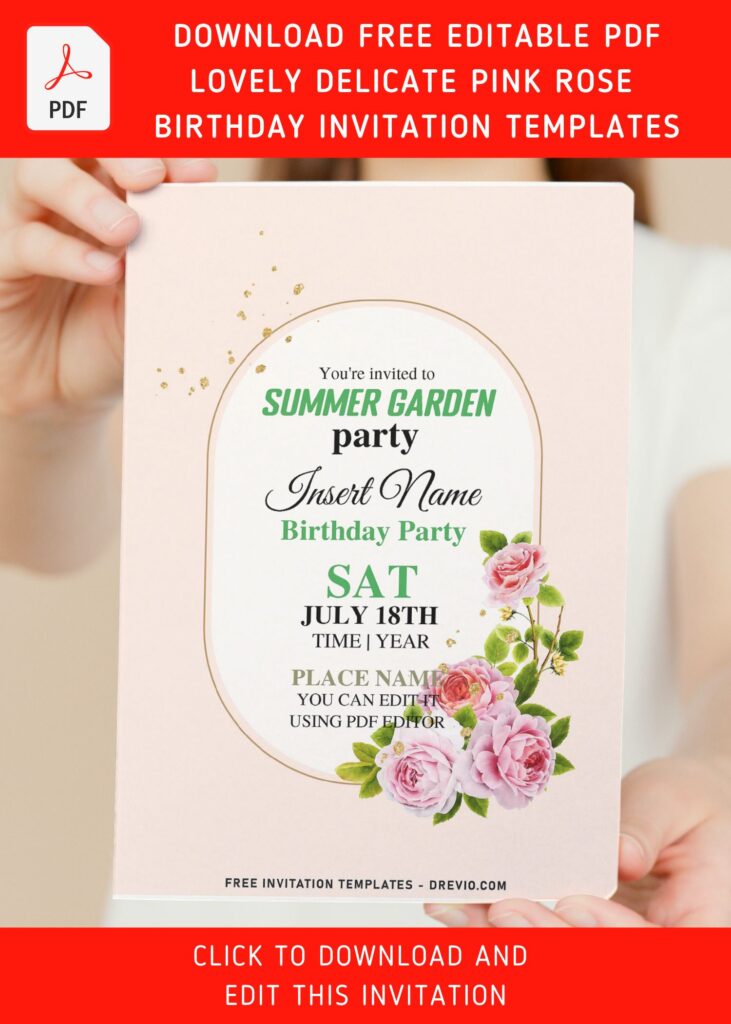(Free Editable PDF) Sparkling Gold And Satin Pink Rose Invitation Templates with editable text