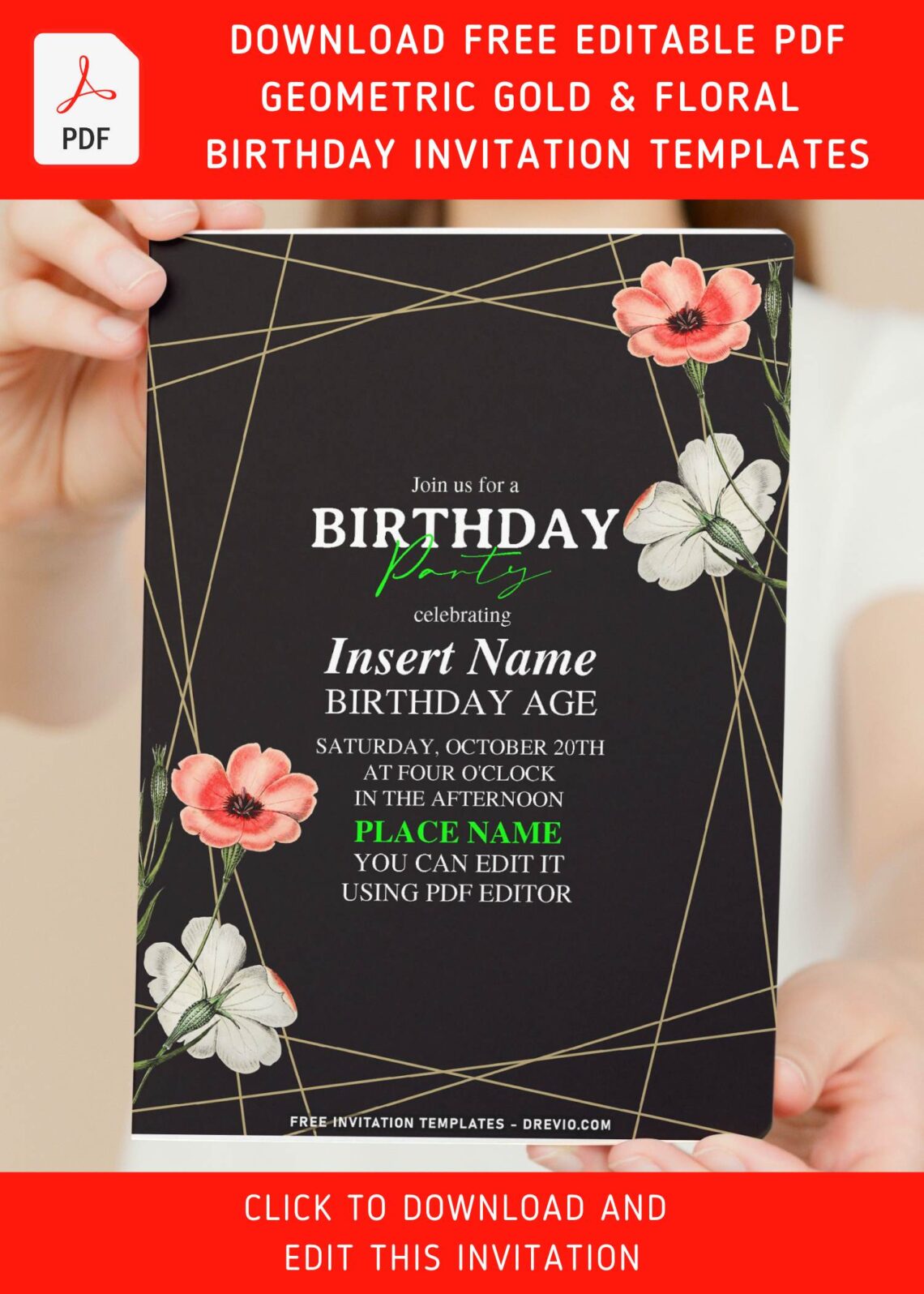 (Free Editable PDF) Glamorous Gold Geometric And Floral Birthday Invitation Templates with editable text