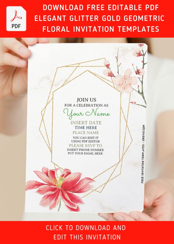 (Free Editable PDF) Striking Gold Geometric & Floral Invitation Templates For Spring Affairs with stargazer lily