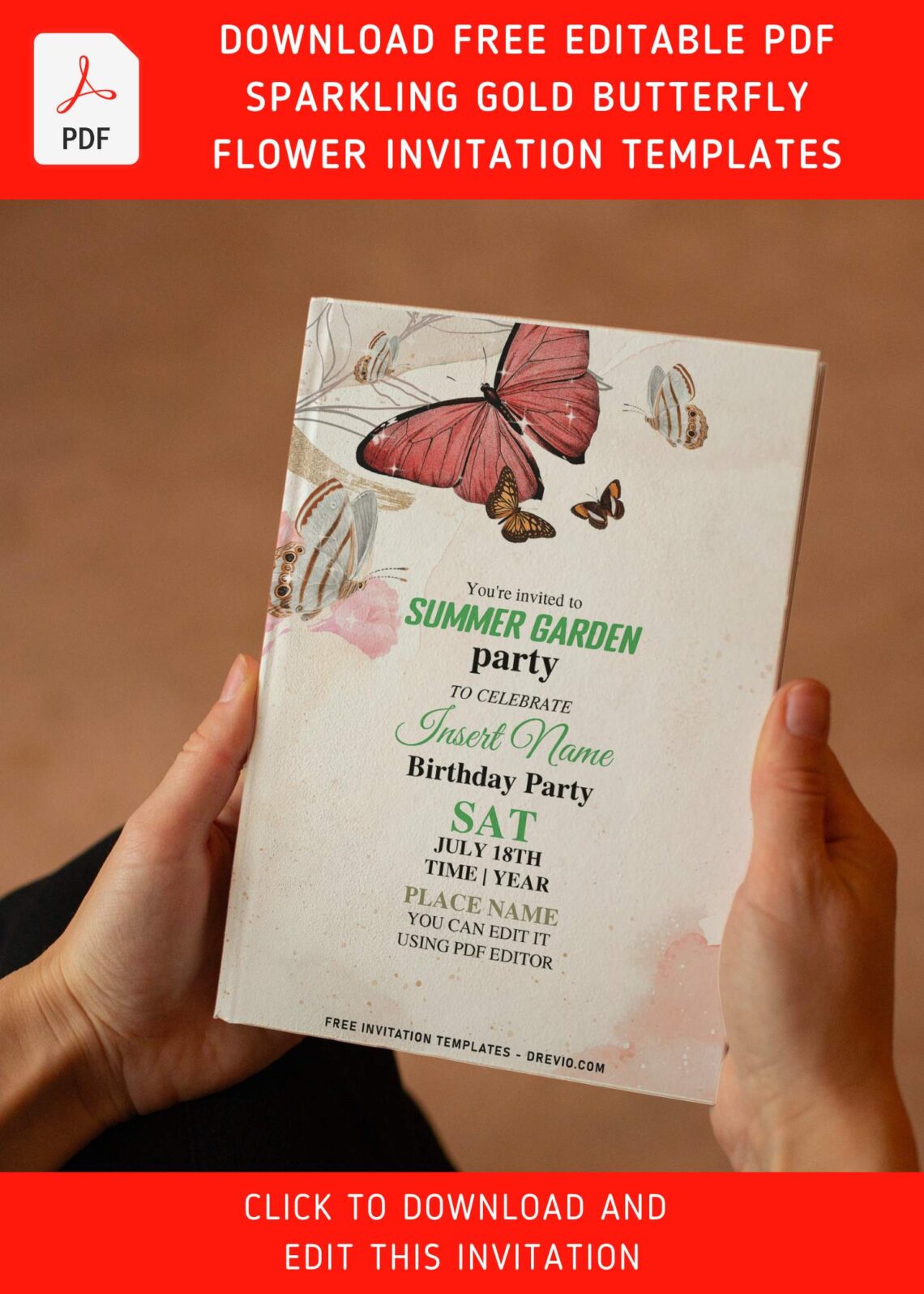 (Free Editable PDF) Blushing Boho Butterfly And Floral Birthday Invitation Templates with watercolor butterfly