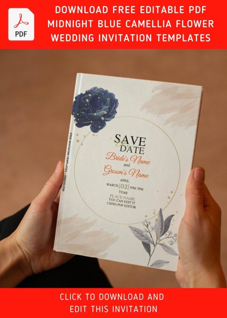 (Free Editable PDF) Mysterious Midnight Blue Camellia Wedding Invitation Templates with editabel text