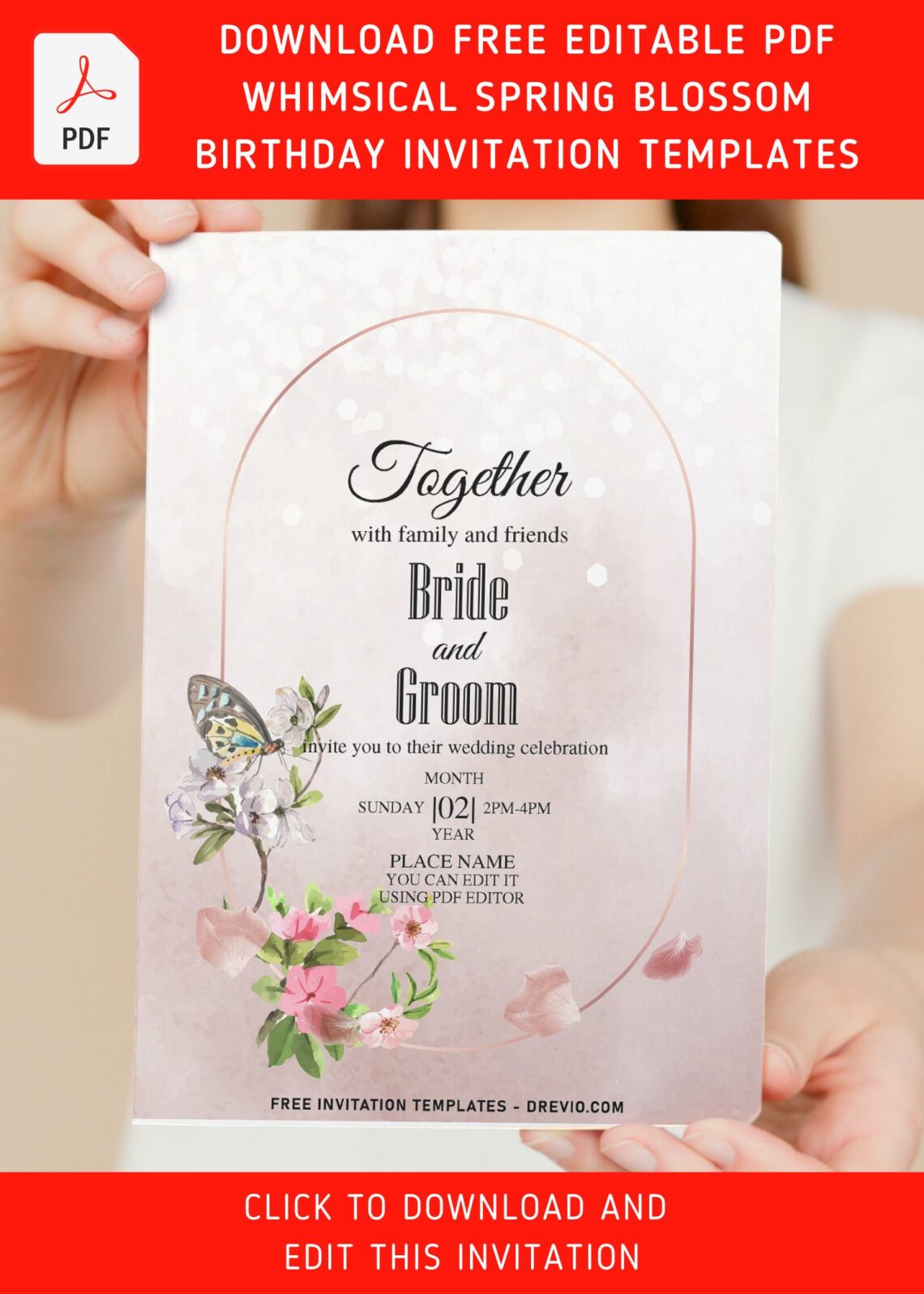 (Free Editable PDF) Whimsical Spring Blossom Wedding Invitation Templates with white garden roses