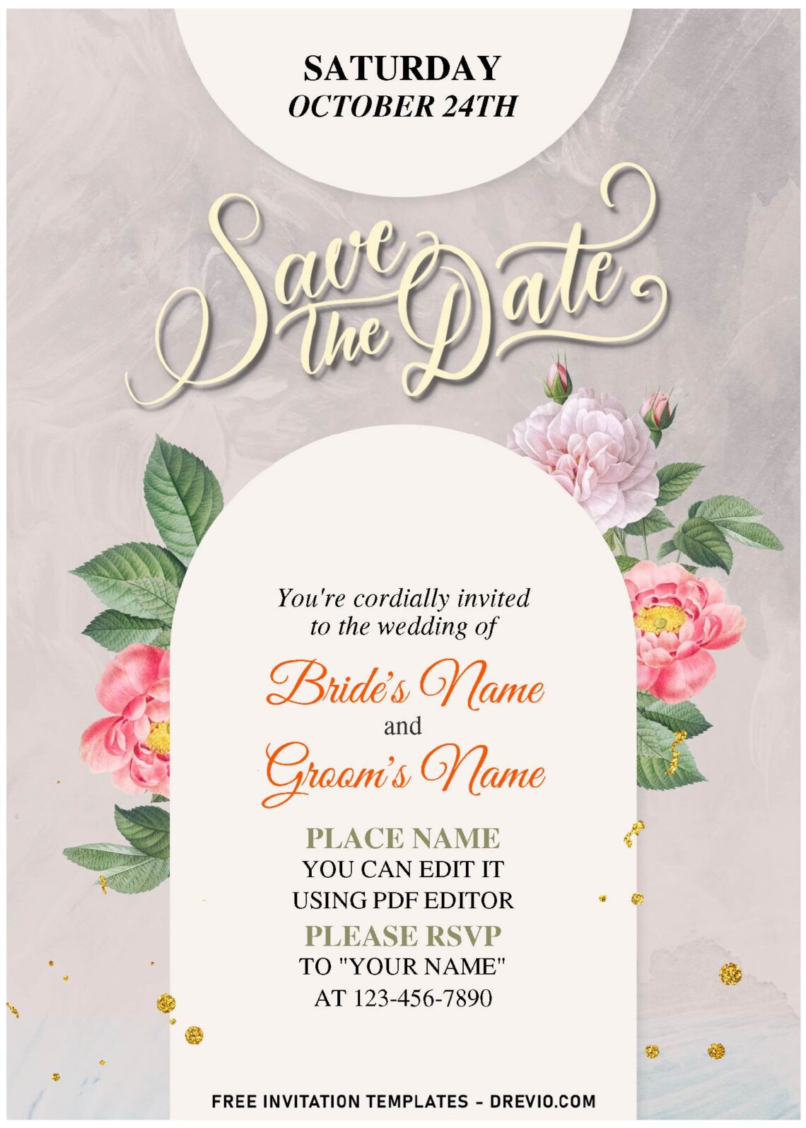 (Free Editable PDF) Romantic Sweet Blush Floral Edge Wedding Invitation Templates with elegant script