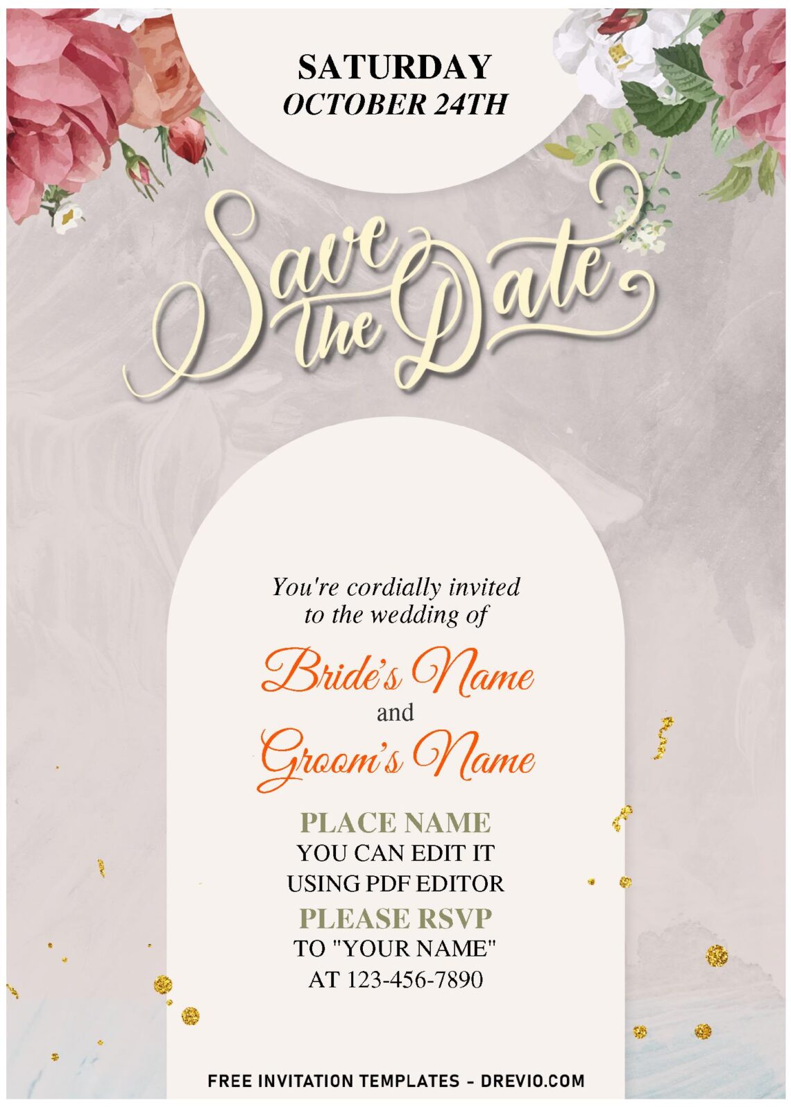 (Free Editable PDF) Romantic Sweet Blush Floral Edge Wedding Invitation Templates with beautiful blush grunge watercolor background