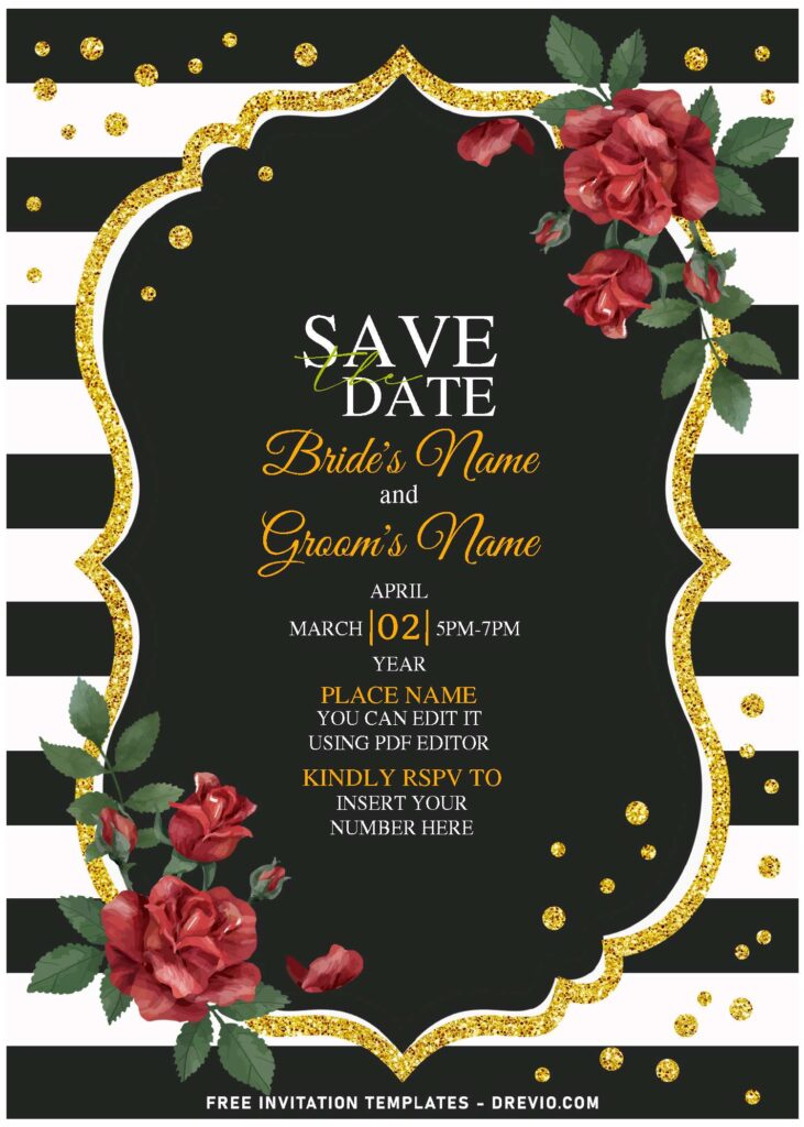 (Free Editable PDF) Vintage Sparkling Black And White Floral Wedding Invitation Templates with sparkly gold accents