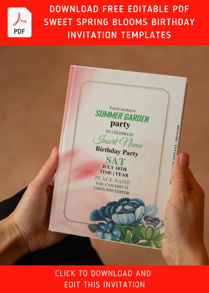 (Free Editable PDF) Sweet Spring Blooms Birthday Soiree Invitation Templates with elegant gold frame