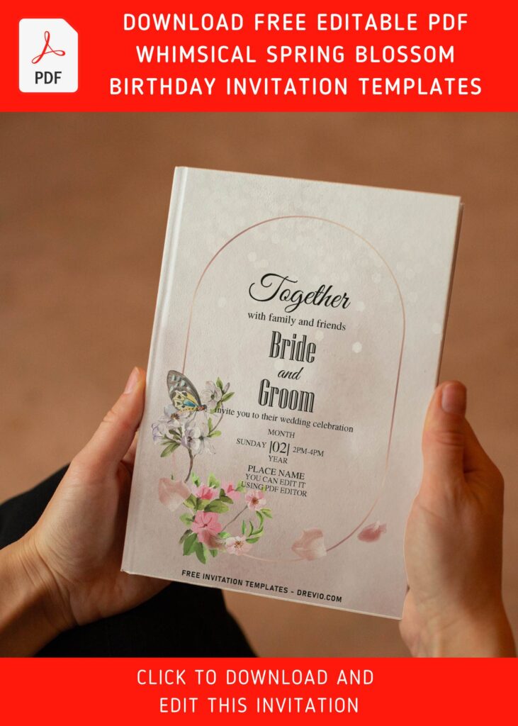 (Free Editable PDF) Whimsical Spring Blossom Wedding Invitation Templates with sparkling white spakles