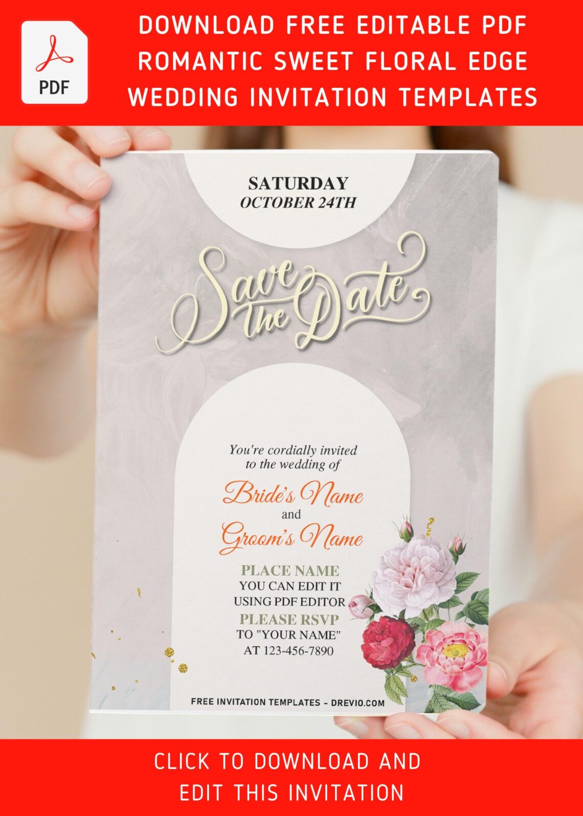 (Free Editable PDF) Romantic Sweet Blush Floral Edge Wedding Invitation Templates with editable text