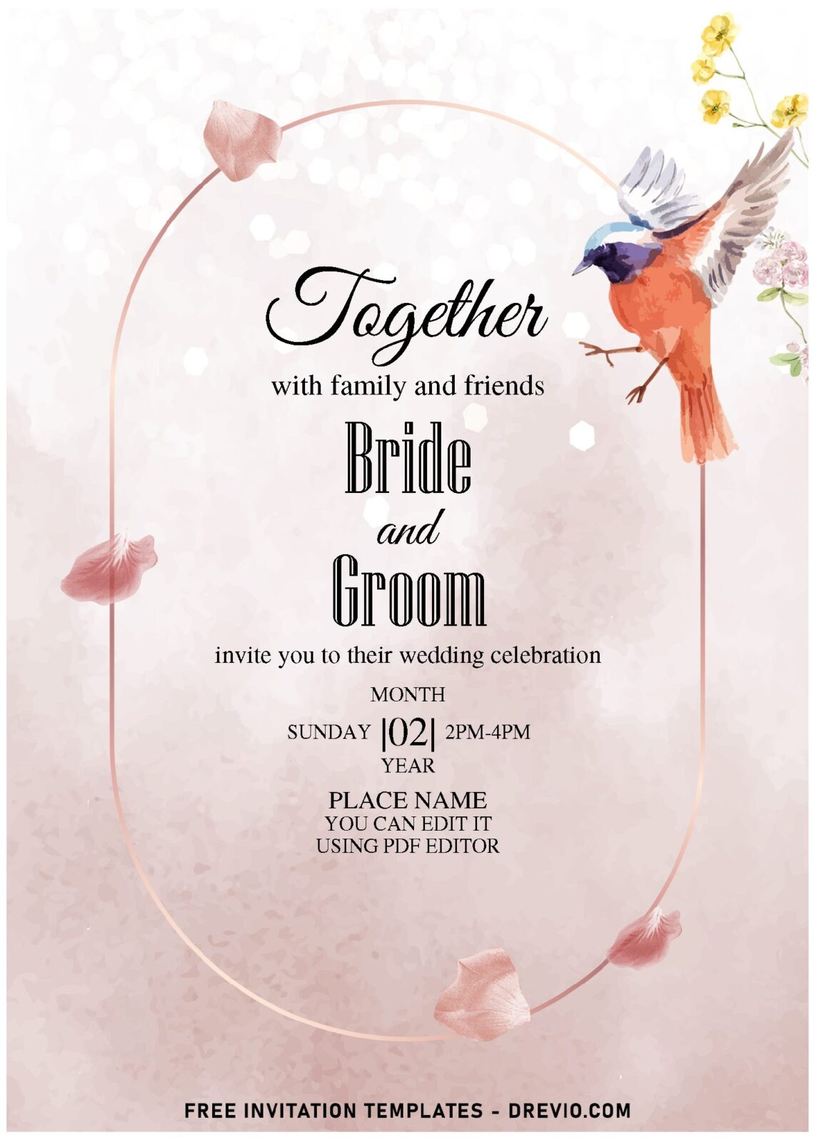 (Free Editable PDF) Whimsical Spring Blossom Wedding Invitation Templates with bold and elegant typefaces