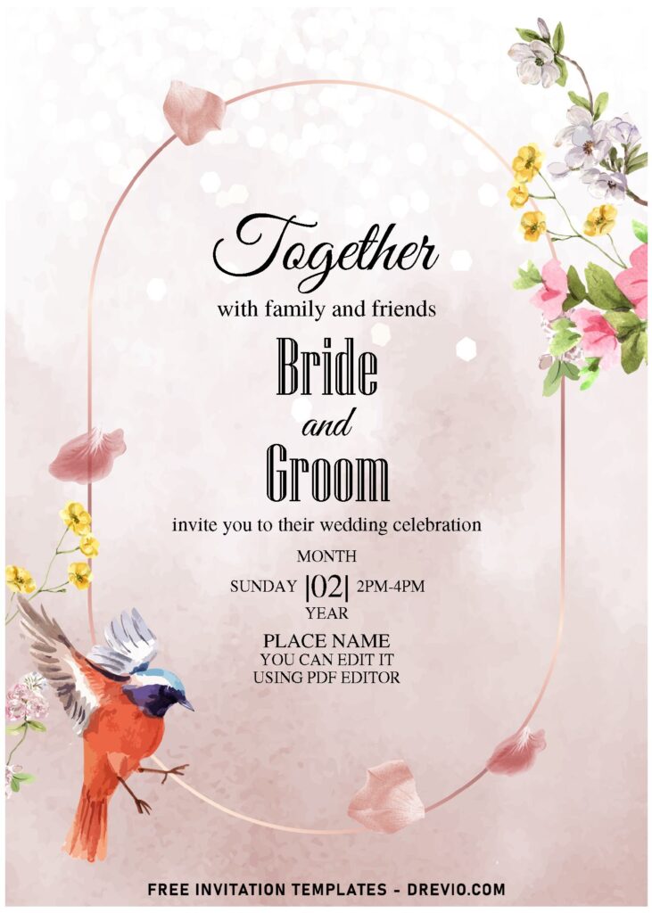 (Free Editable PDF) Whimsical Spring Blossom Wedding Invitation Templates with elegant script