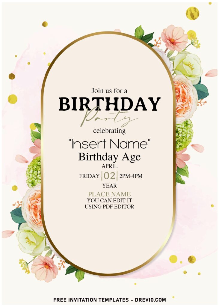 (Free Editable PDF) Darling Papery Blooms Birthday Invitation Templates with elegant gold frame