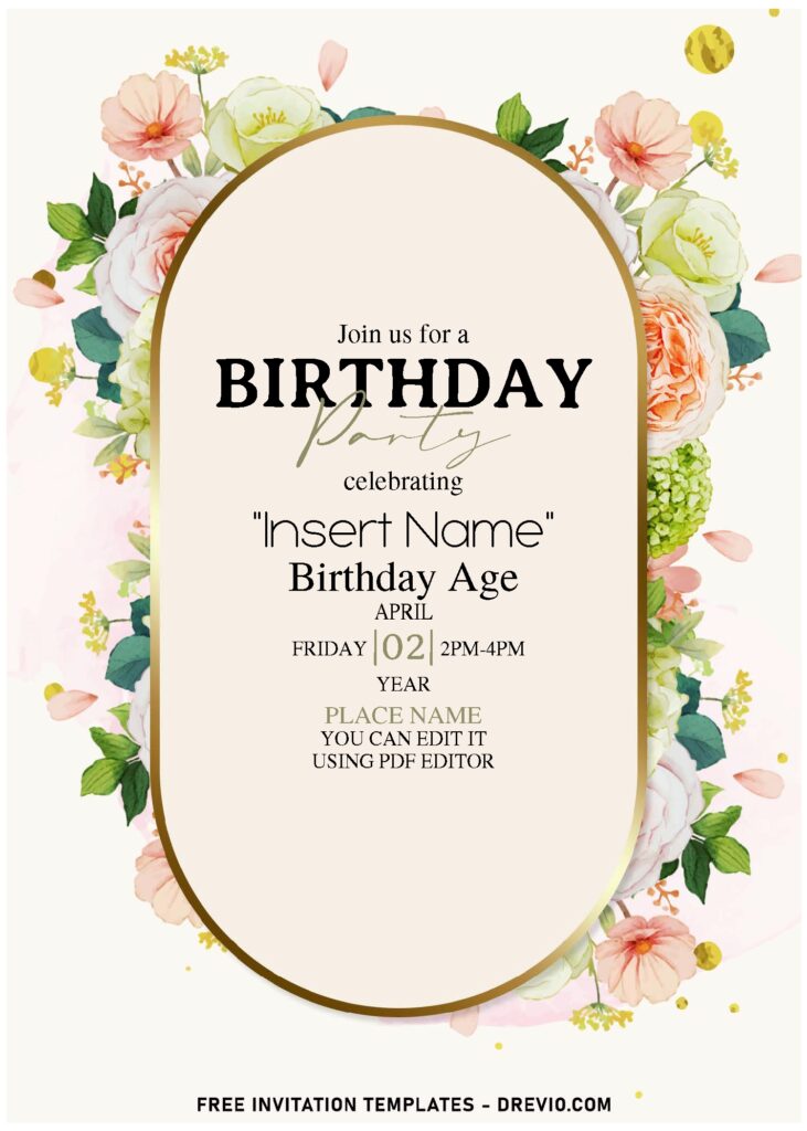 (Free Editable PDF) Darling Papery Blooms Birthday Invitation Templates with elegant script
