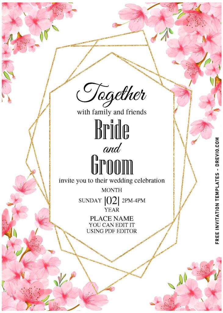 (Free Editable PDF) Unique Floral And Geometric Wedding Invitation Templates with gold geometric frame