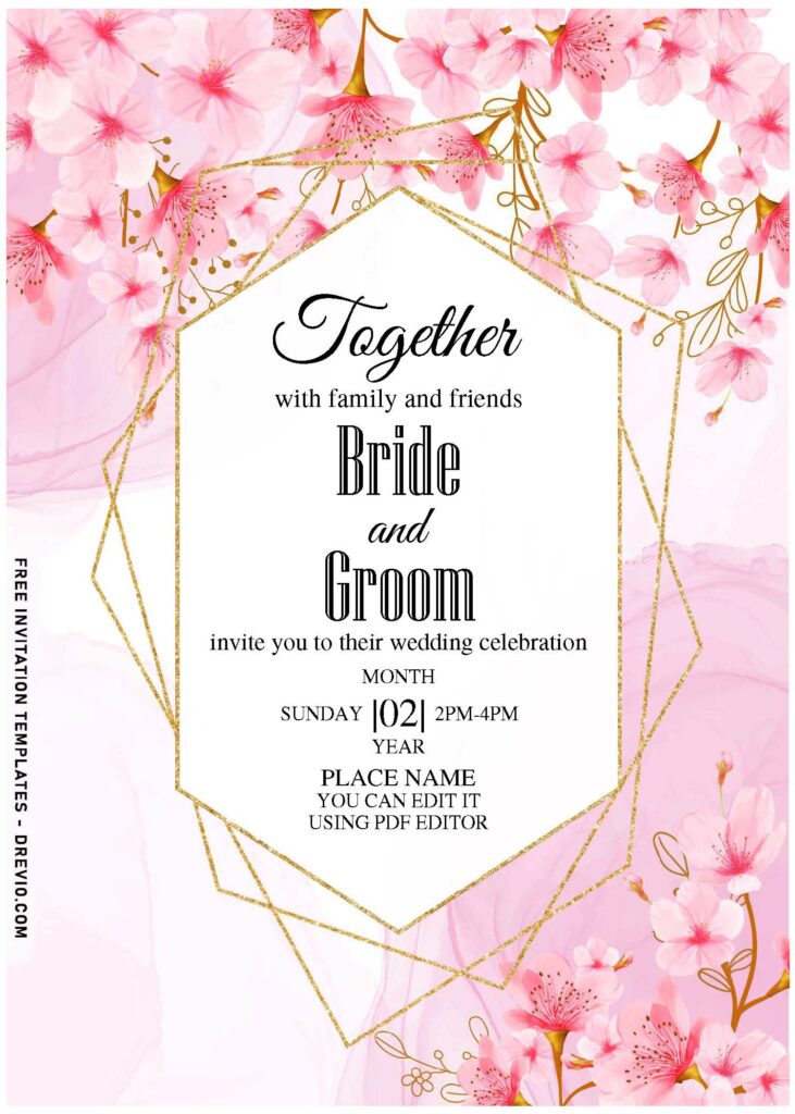 (Free Editable PDF) Unique Floral And Geometric Wedding Invitation Templates with blush pink watercolor background