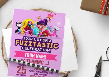 (Free Editable PDF) Fuzz-Tastic Abby Hatcher And Her Toy-Friends Birthday Invitation Templates with cute Grumbles