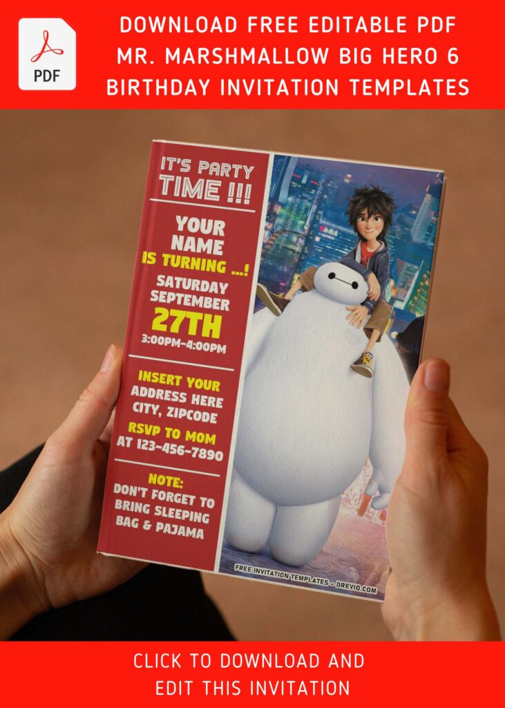 Invitation Template of (Free Editable PDF) Fluffy Mr. Marshmallow Big Hero 6 Birthday Invitation Templates 6