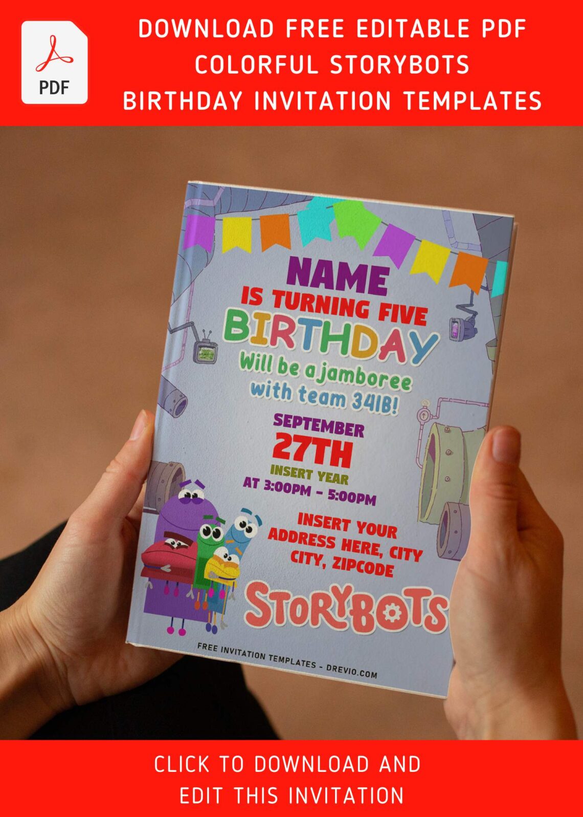 (Free Editable PDF) Friendly And Funny StoryBots Birthday Invitation Templates with colorful bunting flags