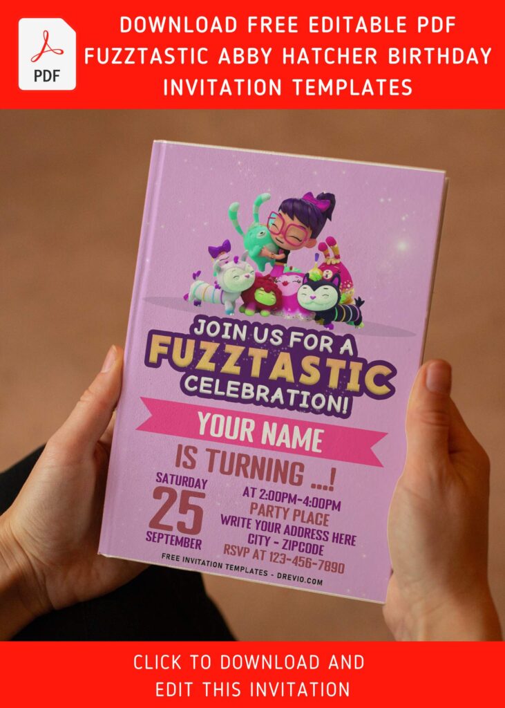 (Free Editable PDF) Fuzz-Tastic Abby Hatcher And Her Toy-Friends Birthday Invitation Templates with pink ribbon