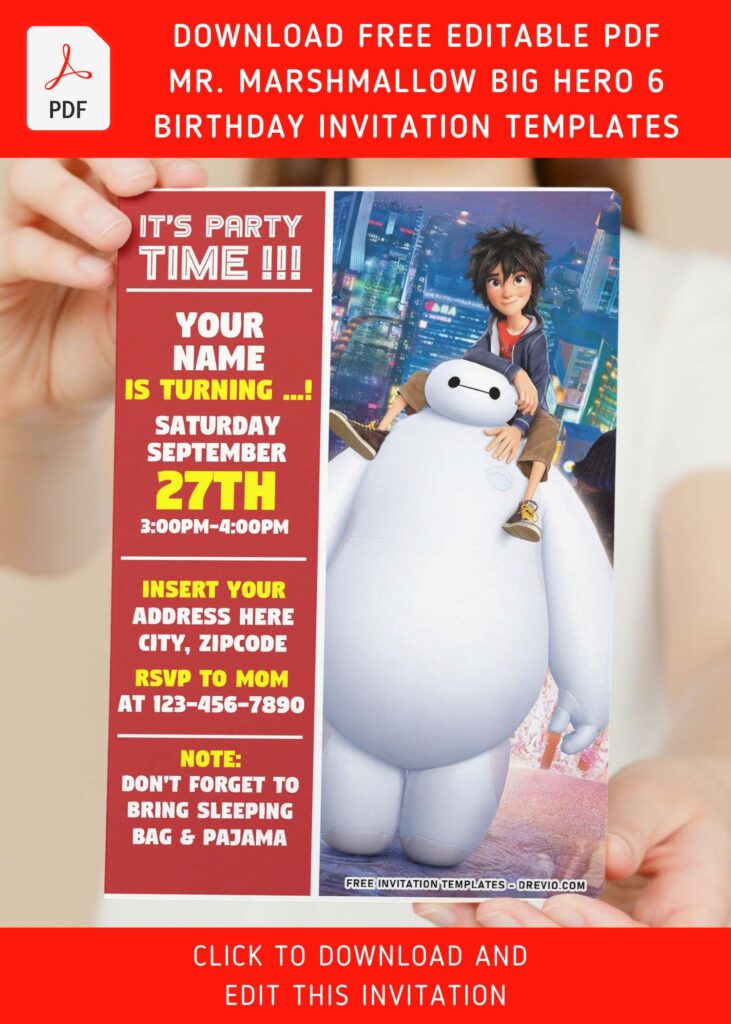 Invitation Template of (Free Editable PDF) Fluffy Mr. Marshmallow Big Hero 6 Birthday Invitation Templates 5