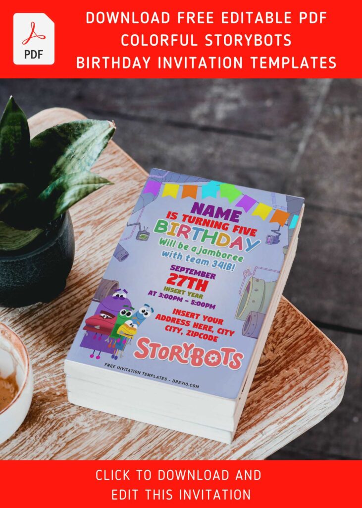 (Free Editable PDF) Friendly And Funny StoryBots Birthday Invitation Templates with StoryBots space ship background