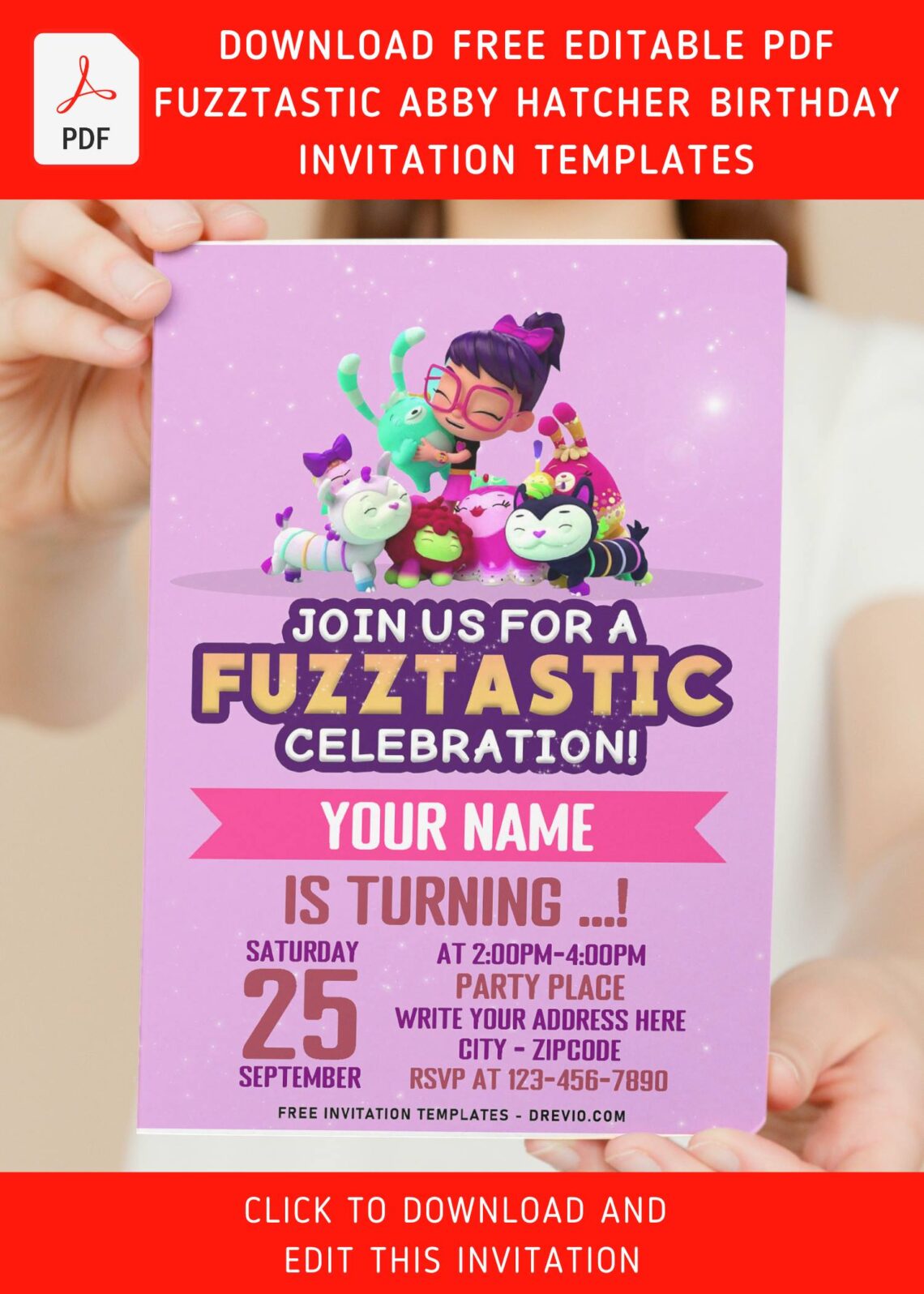 (Free Editable PDF) Fuzz-Tastic Abby Hatcher And Her Toy-Friends Birthday Invitation Templates with editable text