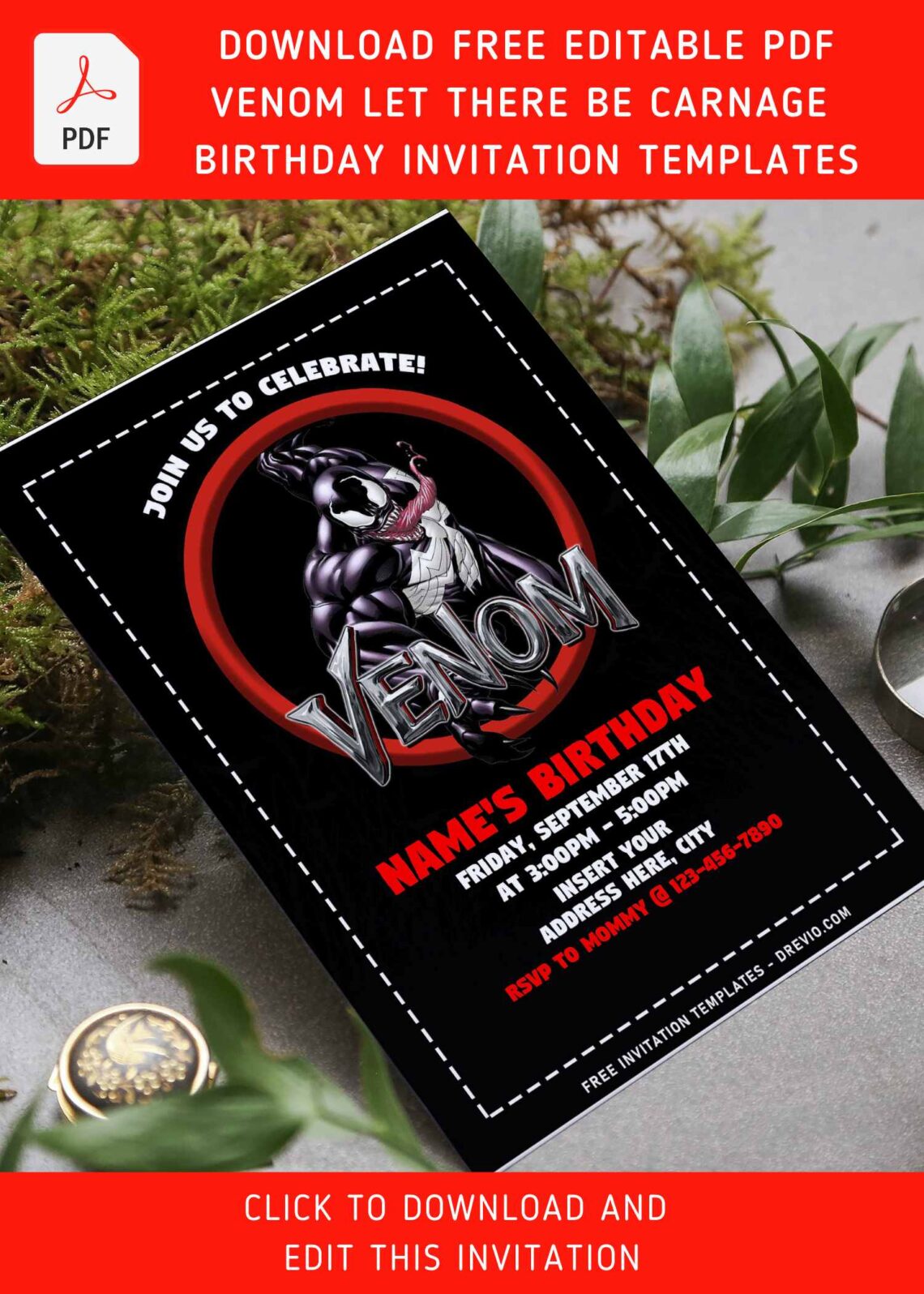 (Free Editable PDF) Venom Let There Be Carnage Birthday Invitation Templates with dash lines border