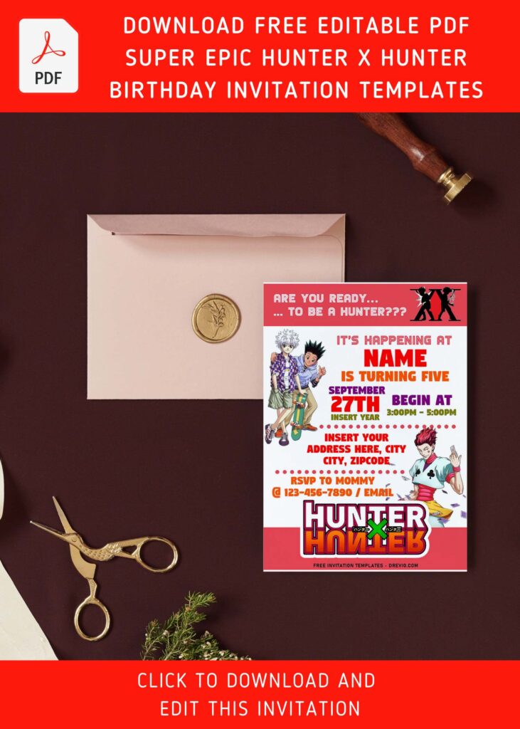 (Free Editable PDF) Cool Anime Hunter X Hunter Birthday Invitation Templates with Hisoka