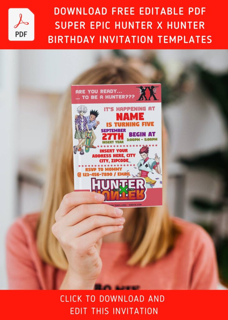 (Free Editable PDF) Cool Anime Hunter X Hunter Birthday Invitation Templates with editable text