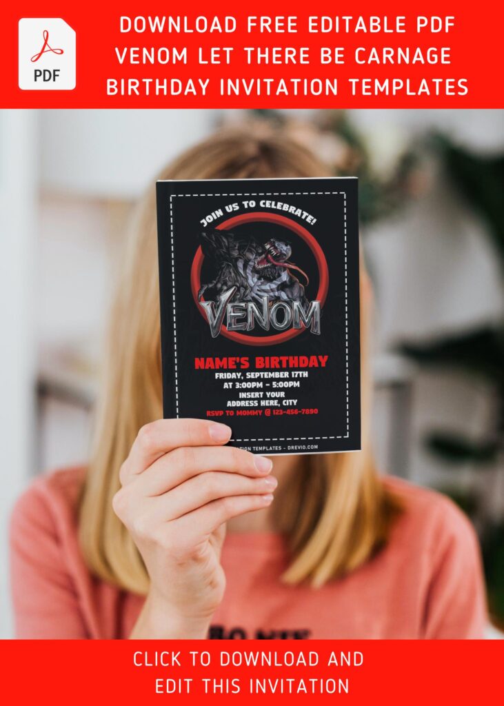 (Free Editable PDF) Venom Let There Be Carnage Birthday Invitation Templates with red circled frame