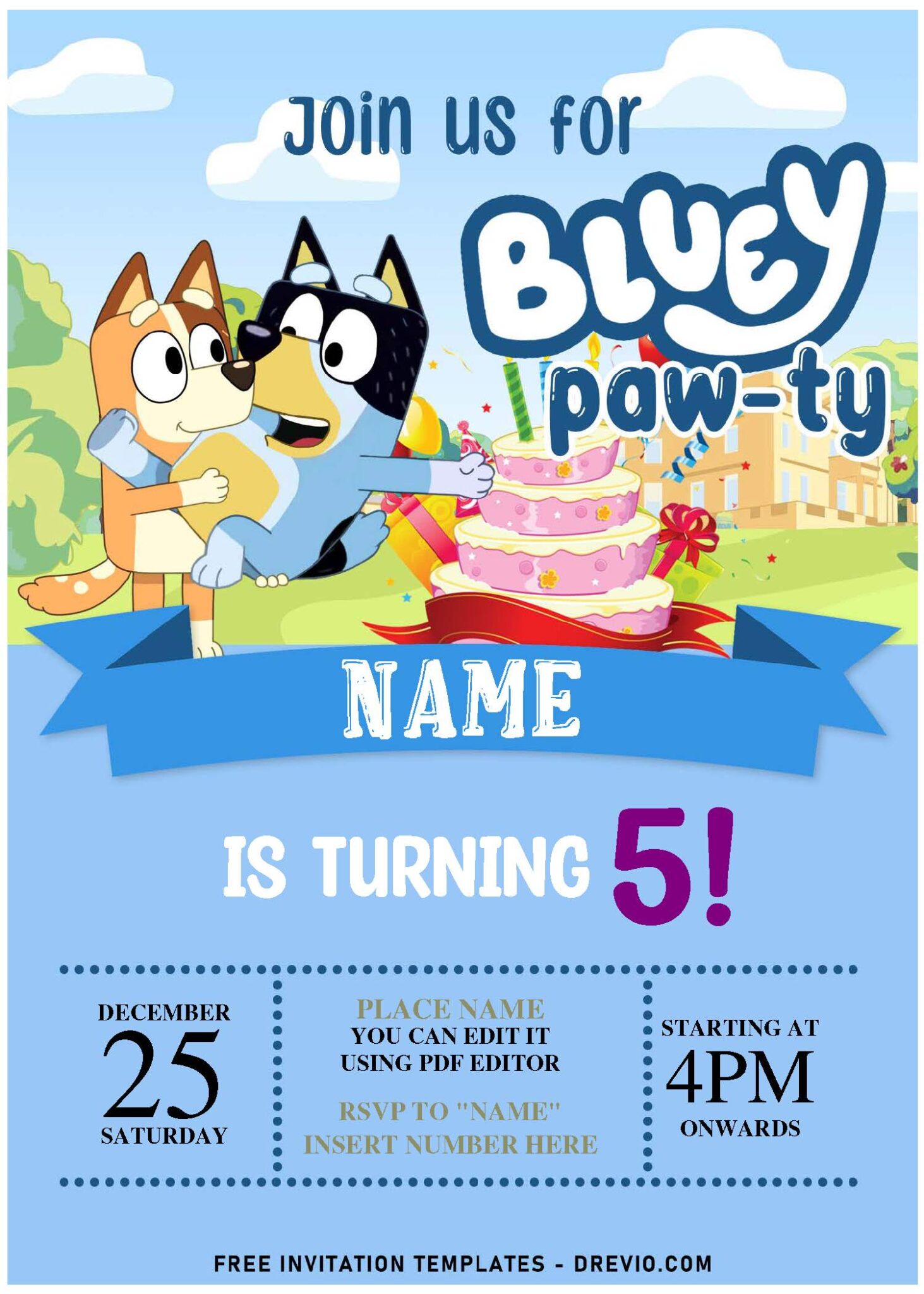 (Free Editable PDF) Cheerful Bluey Birthday PAW-TY Invitation Templates ...