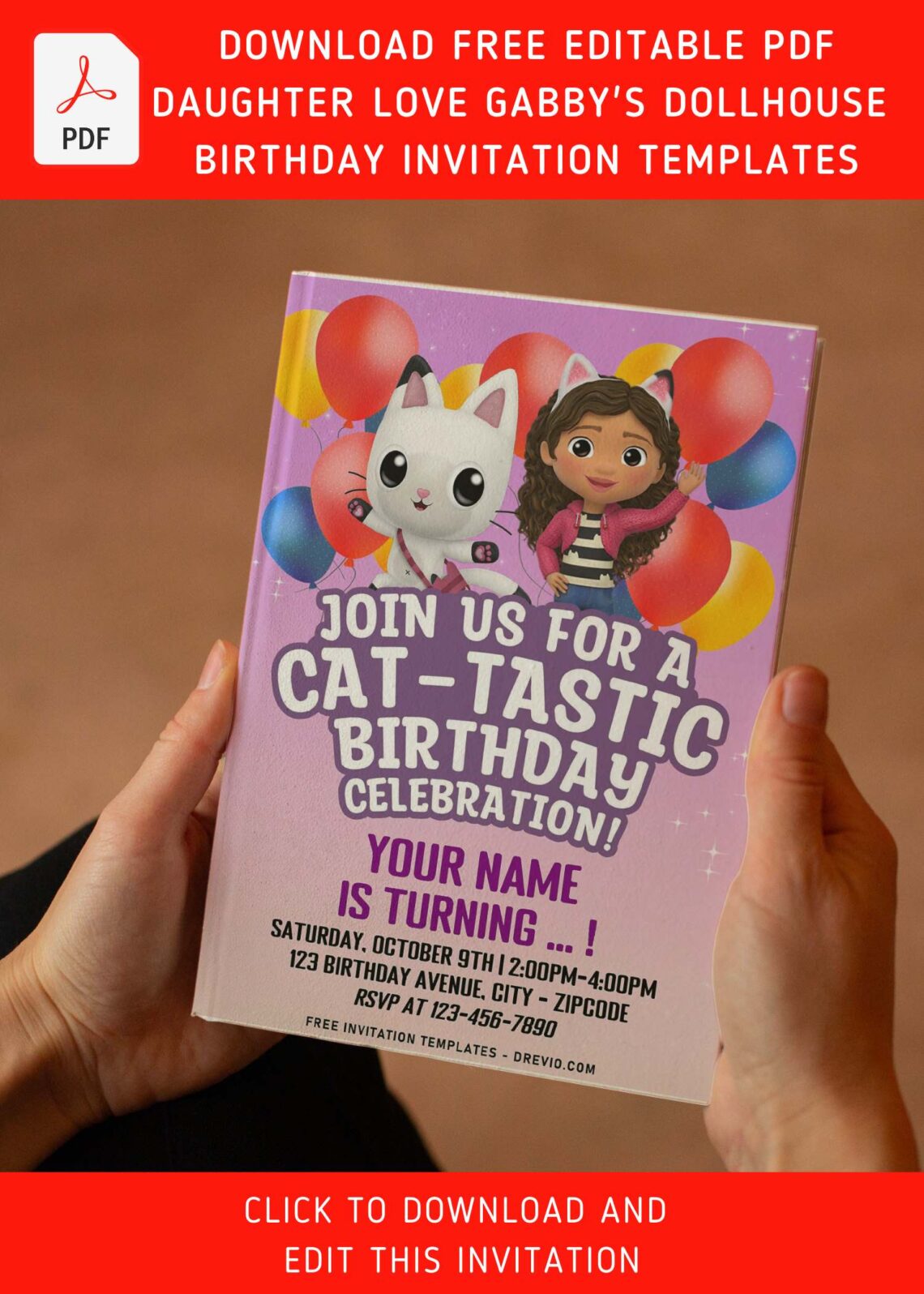 (Free Editable PDF) CAT-TASTIC Gabby's Dollhouse Birthday Invitation Templates with