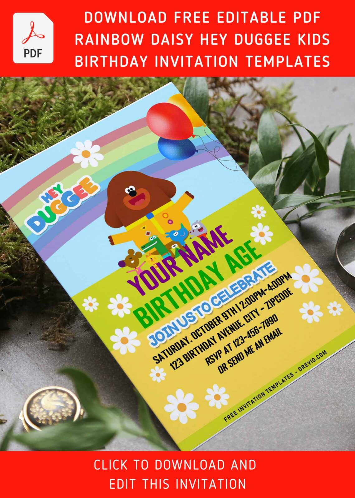 (Free Editable PDF) Rainbow Daisy Hey Duggee Birthday Invitation Templates