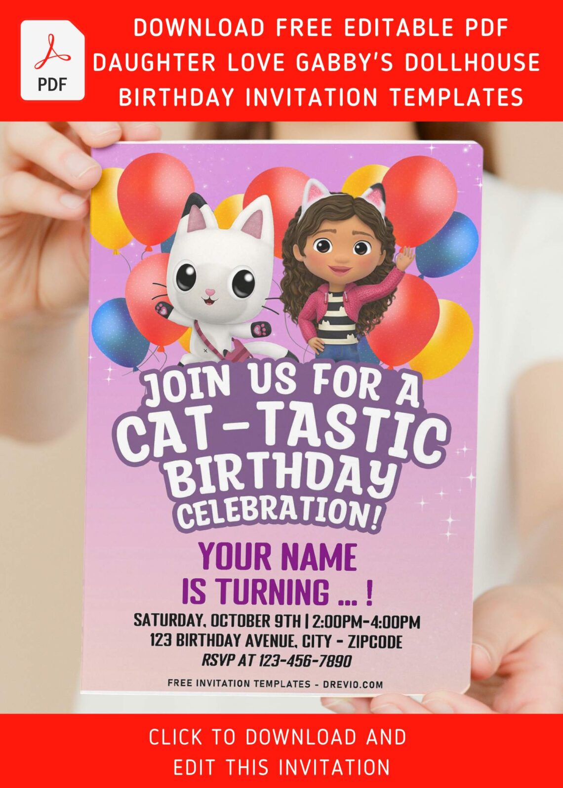 (Free Editable PDF) CAT-TASTIC Gabby's Dollhouse Birthday Invitation Templates with adorable Gabby