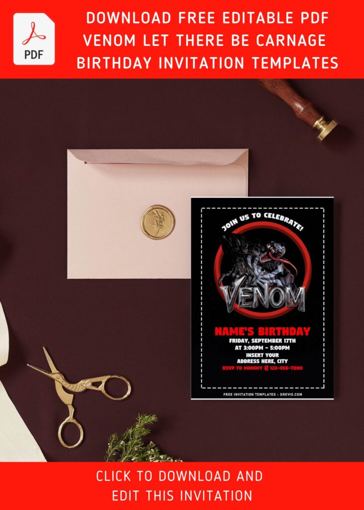 (Free Editable PDF) Venom Let There Be Carnage Birthday Invitation Templates with Cartoon Venom Carnage graphic
