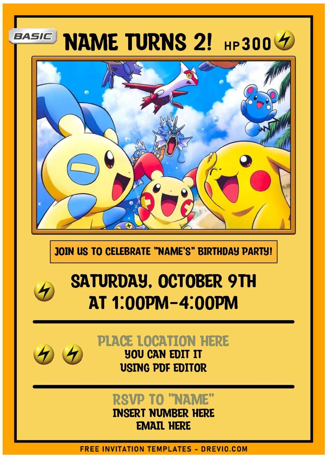 (Free Editable PDF) Cute And Awesome Pokemon Kids Birthday Party Invitation Templates with Pikachu and friends