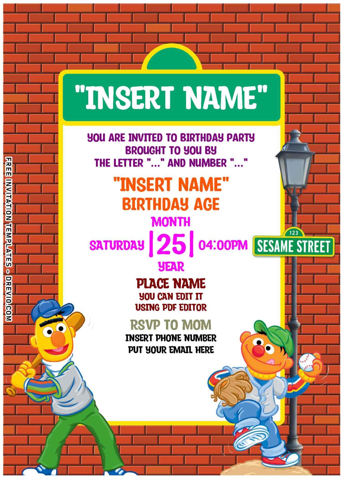 (Free Editable PDF) Love Is Friendship Sesame Street Birthday Invitation Templates with Bert and Ernie plays baseball