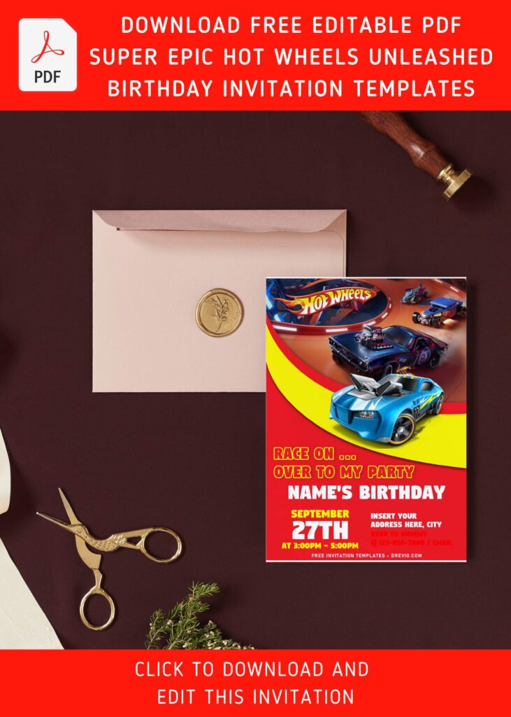 (Free Editable PDF) Hot Wheels Wild Racer Birthday Invitation Templates with cool Hot Wheels Mustang muscle car