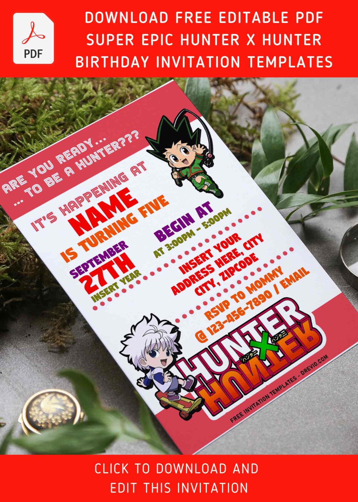 (Free Editable PDF) Cool Anime Hunter X Hunter Birthday Invitation Templates with Hisoka