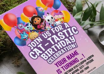 (Free Editable PDF) CAT-TASTIC Gabby's Dollhouse Birthday Invitation Templates with Catrat