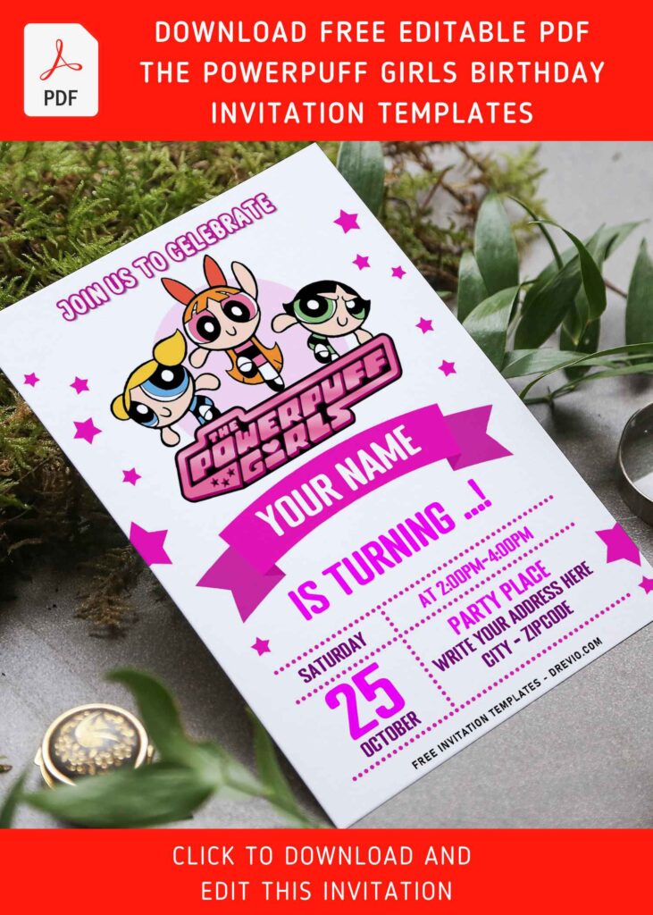 (Free Editable PDF) Powerpuff Girls Birthday Invitation Templates with cute blossom