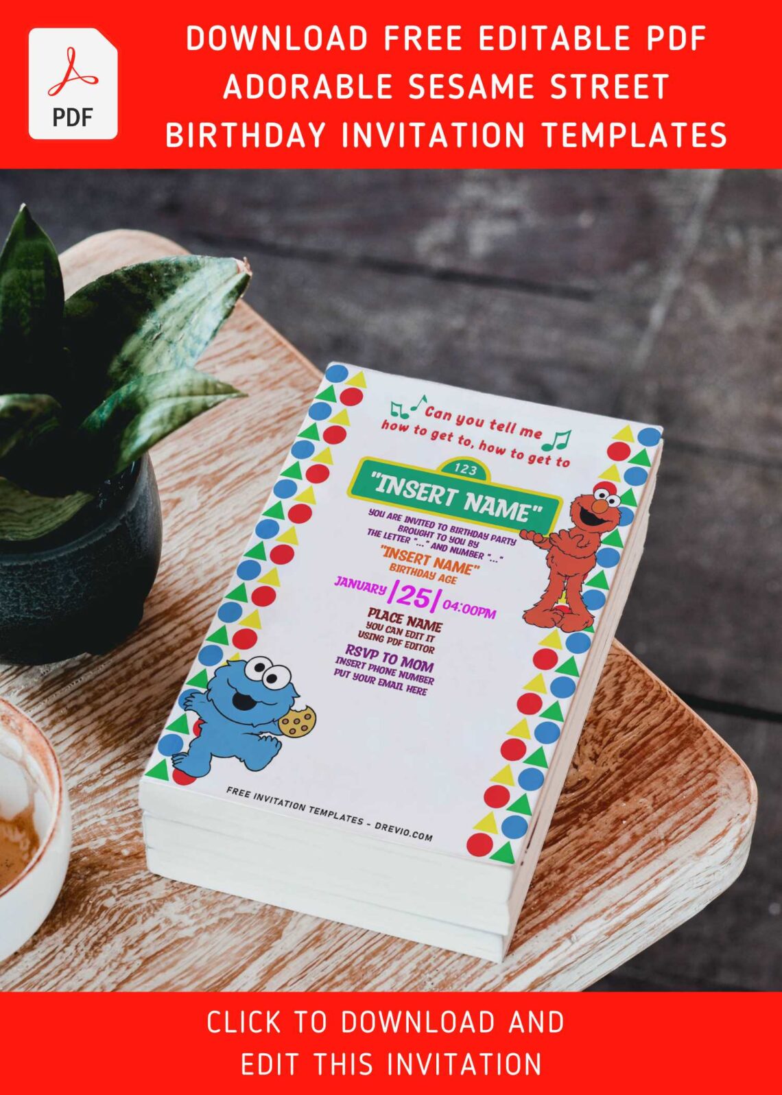 (Free Editable PDF) Adorable Sesame Street Birthday Invitation Templates with colorful dots and triangles